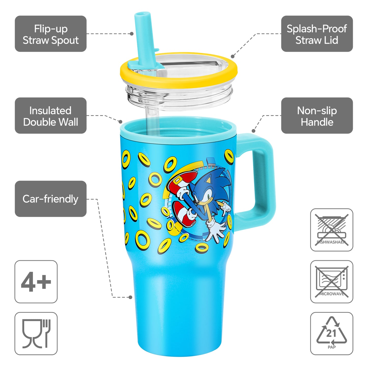 Sonic the Hedgehog 640mL/22oz Double Walled Vacuum Insulated Stainless Steel Tumbler Cup with Handle and Straw, Reusable Insulated Cup for Cold and Hot Drinks
