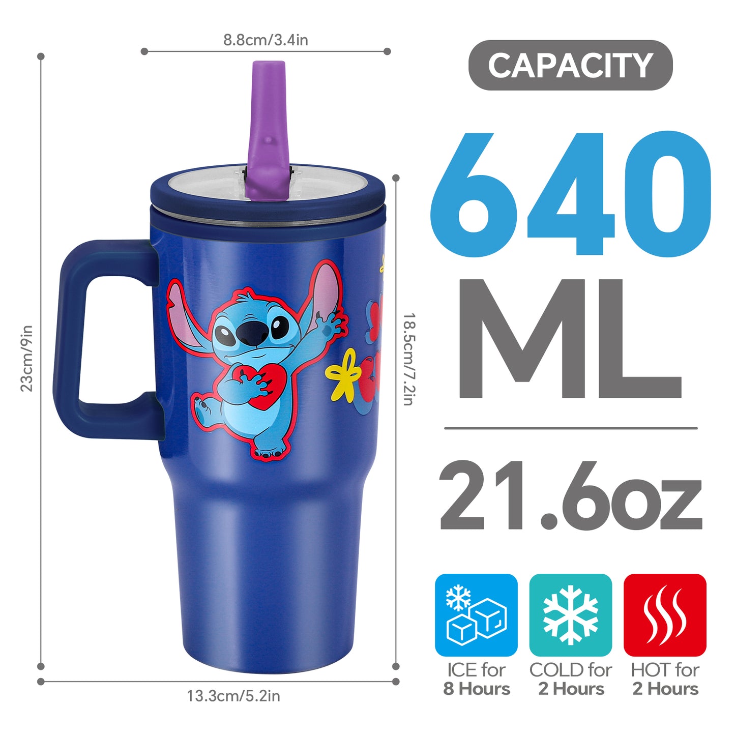 Stitch 640mL Double Walled Vacuum Insulated Tumbler with Straw & Handle