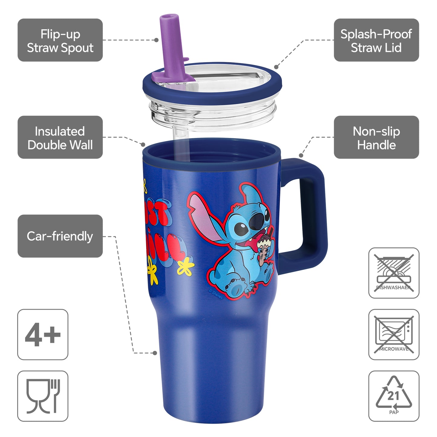 Stitch 640mL Double Walled Vacuum Insulated Tumbler with Straw & Handle