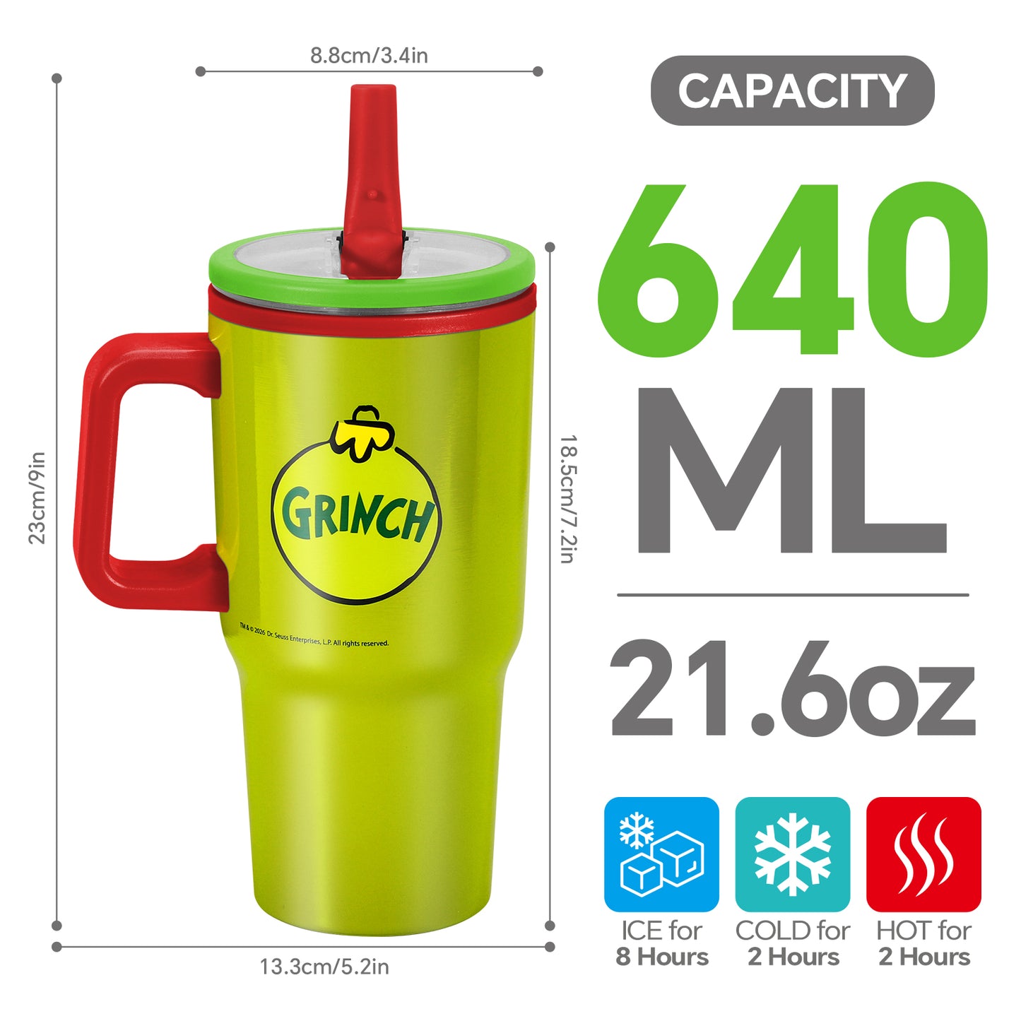 The Grinch 640mL Double Walled Vacuum Insulated Tumbler with Straw & Handle