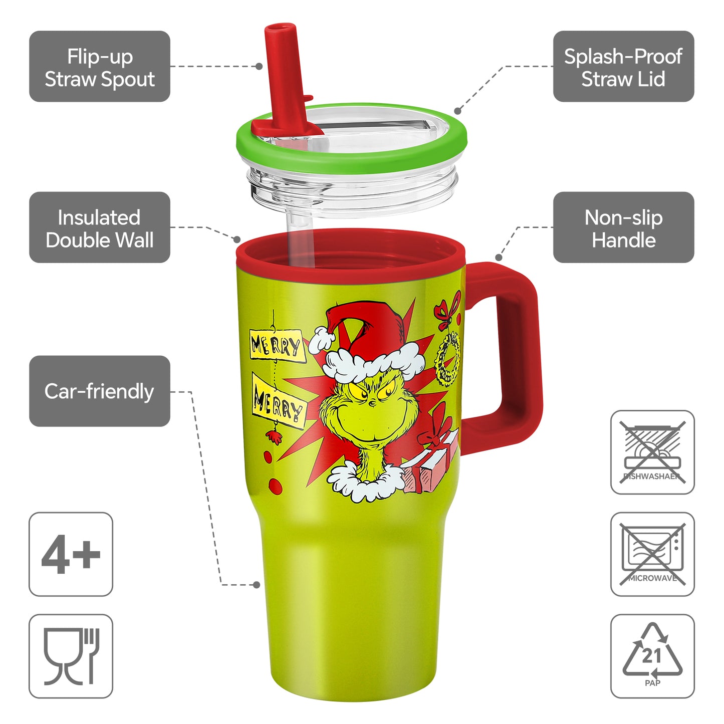 The Grinch 640mL Double Walled Vacuum Insulated Tumbler with Straw & Handle