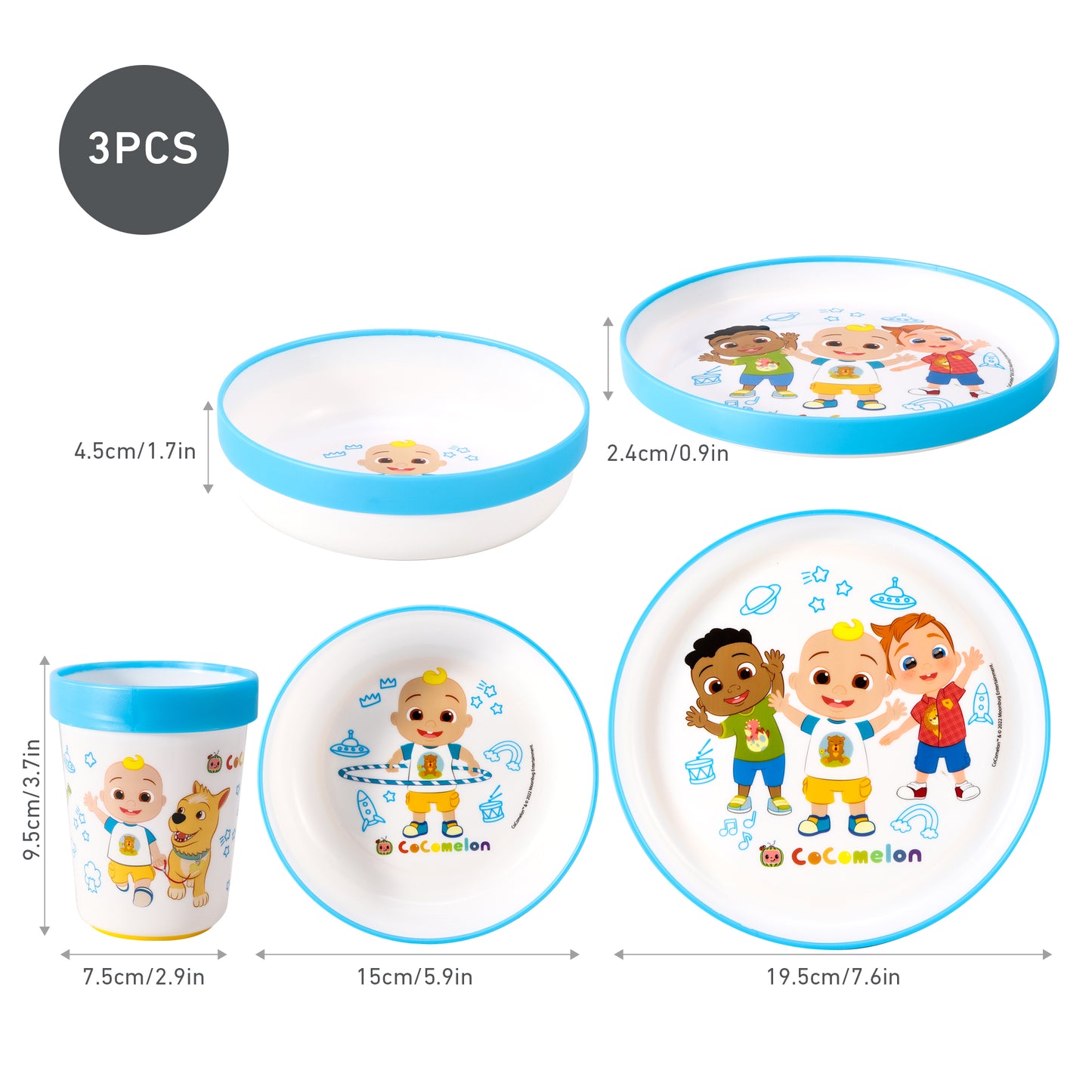 Cocomelon Kids 6 Piece Reusable Dinner Set - Plate/Bowl/Cup/Knife/Fork/Spoon - Childrens Dinnerware Tableware Cutlery Set