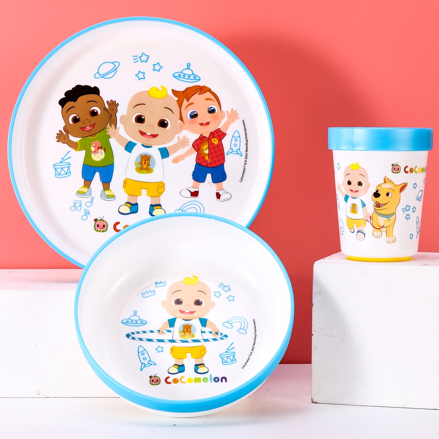 Cocomelon Kids 6 Piece Reusable Dinner Set - Plate/Bowl/Cup/Knife/Fork/Spoon - Childrens Dinnerware Tableware Cutlery Set