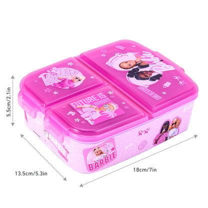 Barbie Kids Childrens Multi Compartment Rectangular School Travel Lunch Food Box Sandwich Bento Container, BPA Free