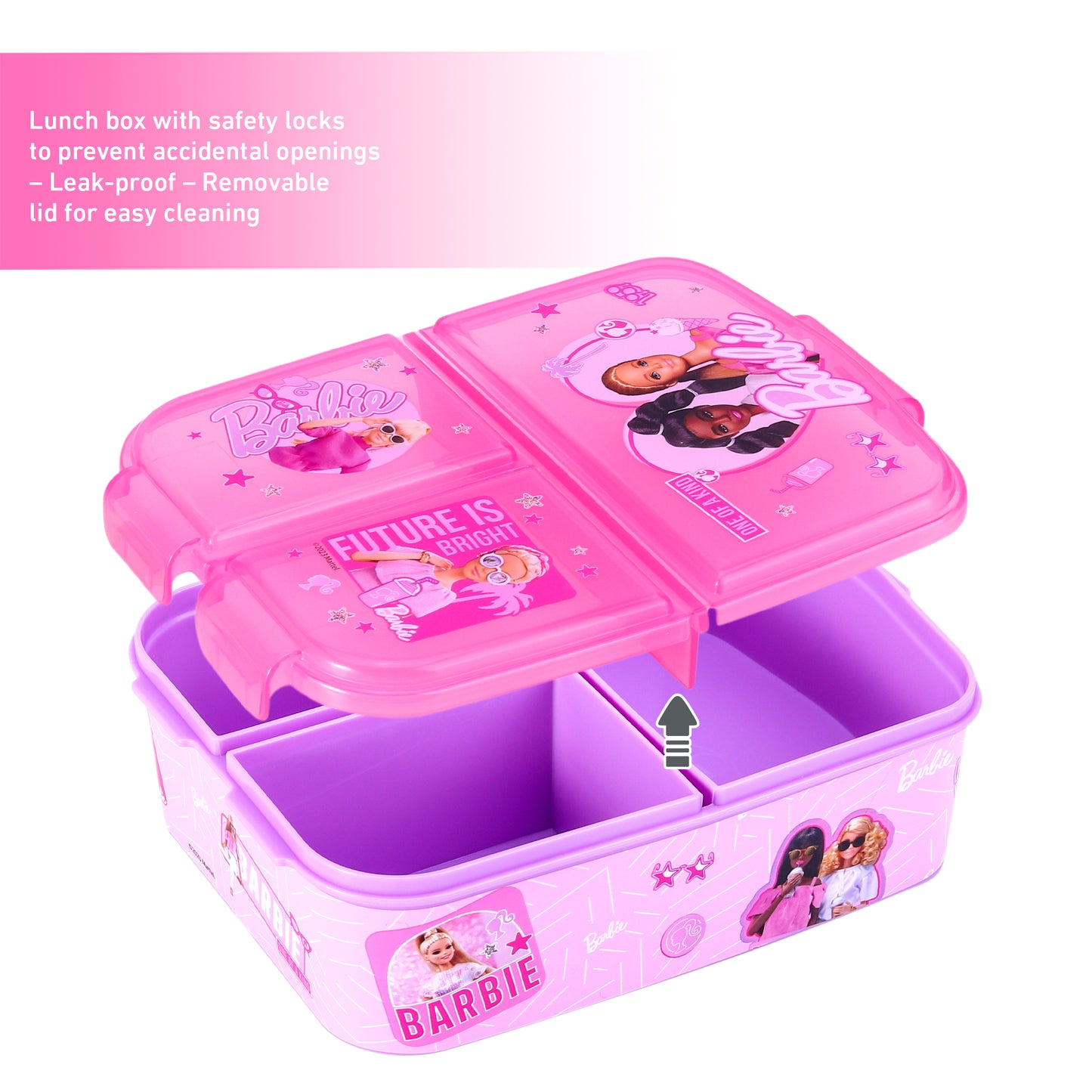 Barbie Kids Childrens Multi Compartment Rectangular School Travel Lunch Food Box Sandwich Bento Container, BPA Free