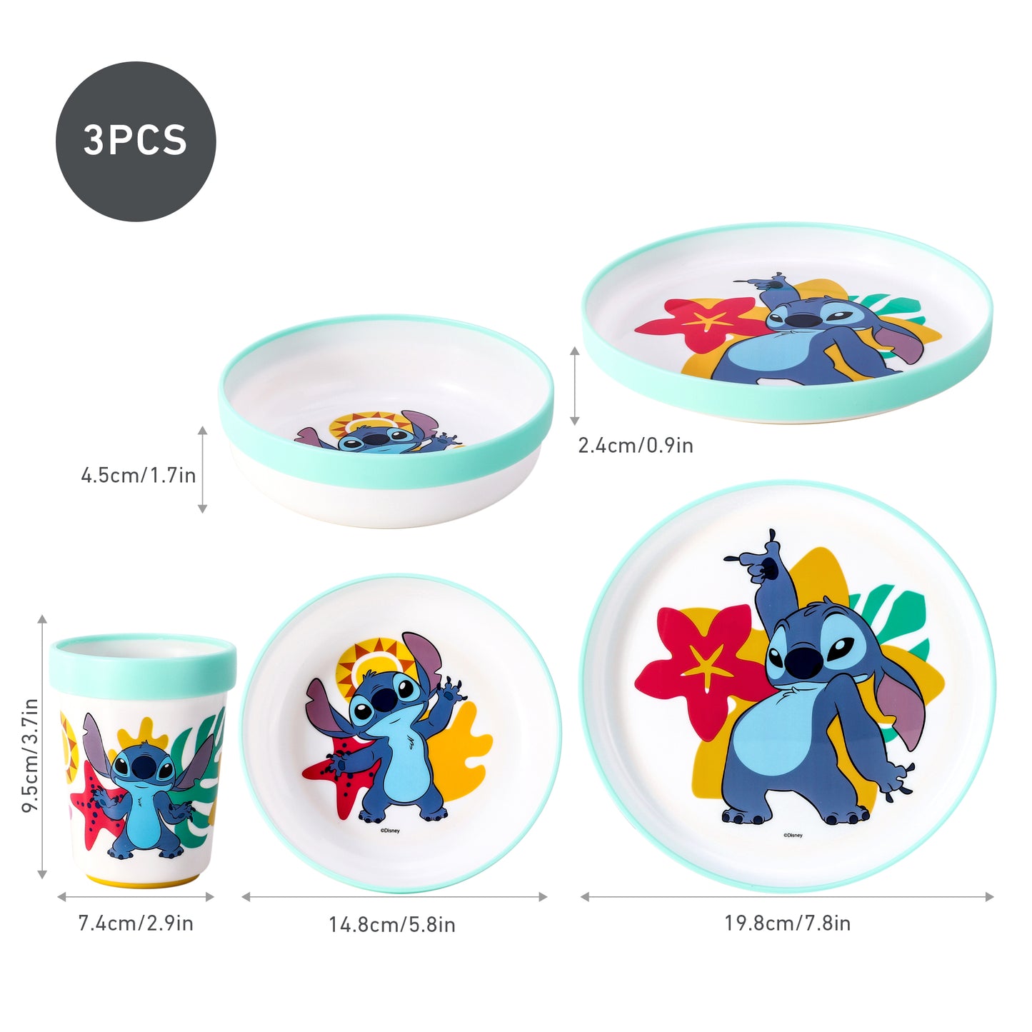 Stitch 3pcs Bicolor Premium Kids Dinner Tableware Set Plate, Bowl & Tumbler, BPA Free