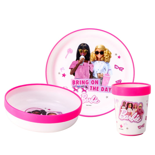 Barbie 3pcs Bicolor Premium Kids Dinner Tableware Set Plate, Bowl & Tumbler, BPA Free