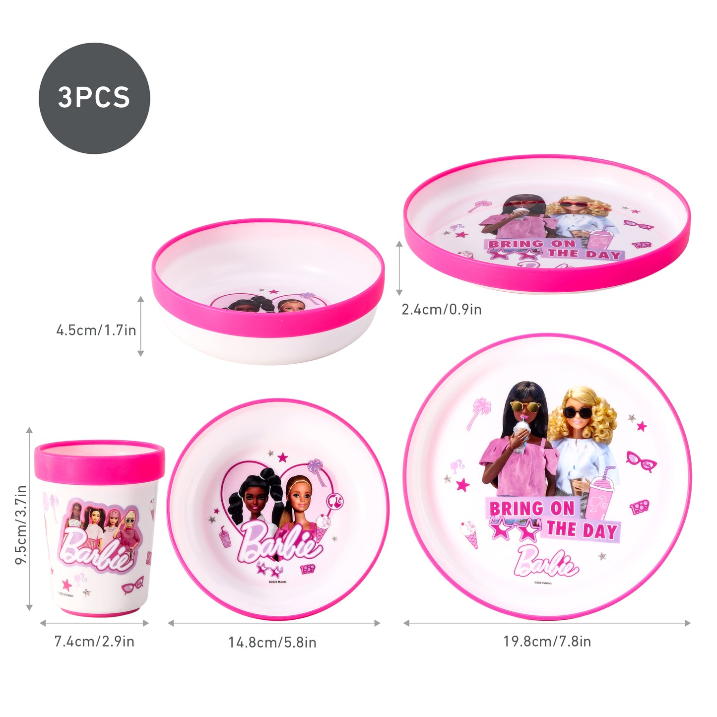 Barbie 3pcs Bicolor Premium Kids Dinner Tableware Set Plate, Bowl & Tumbler, BPA Free