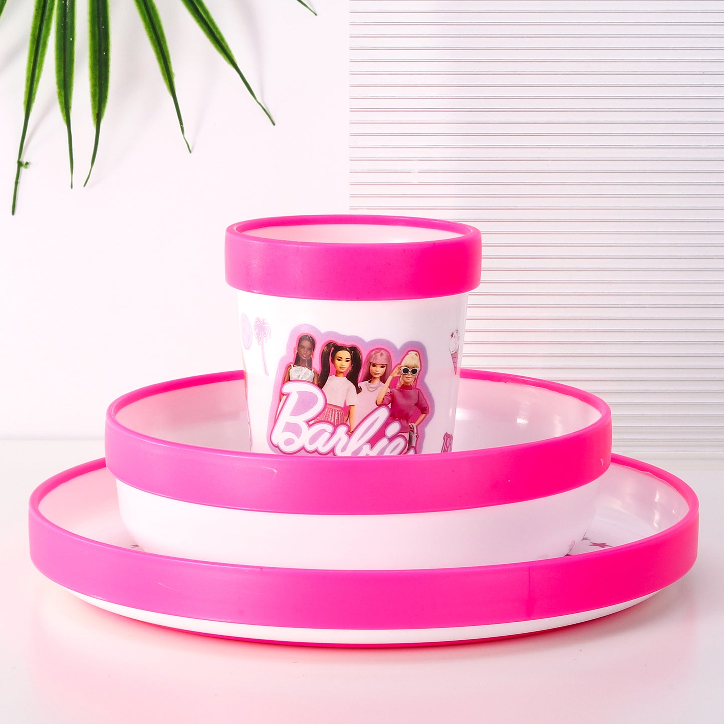 Barbie 3pcs Bicolor Premium Kids Dinner Tableware Set Plate, Bowl & Tumbler, BPA Free