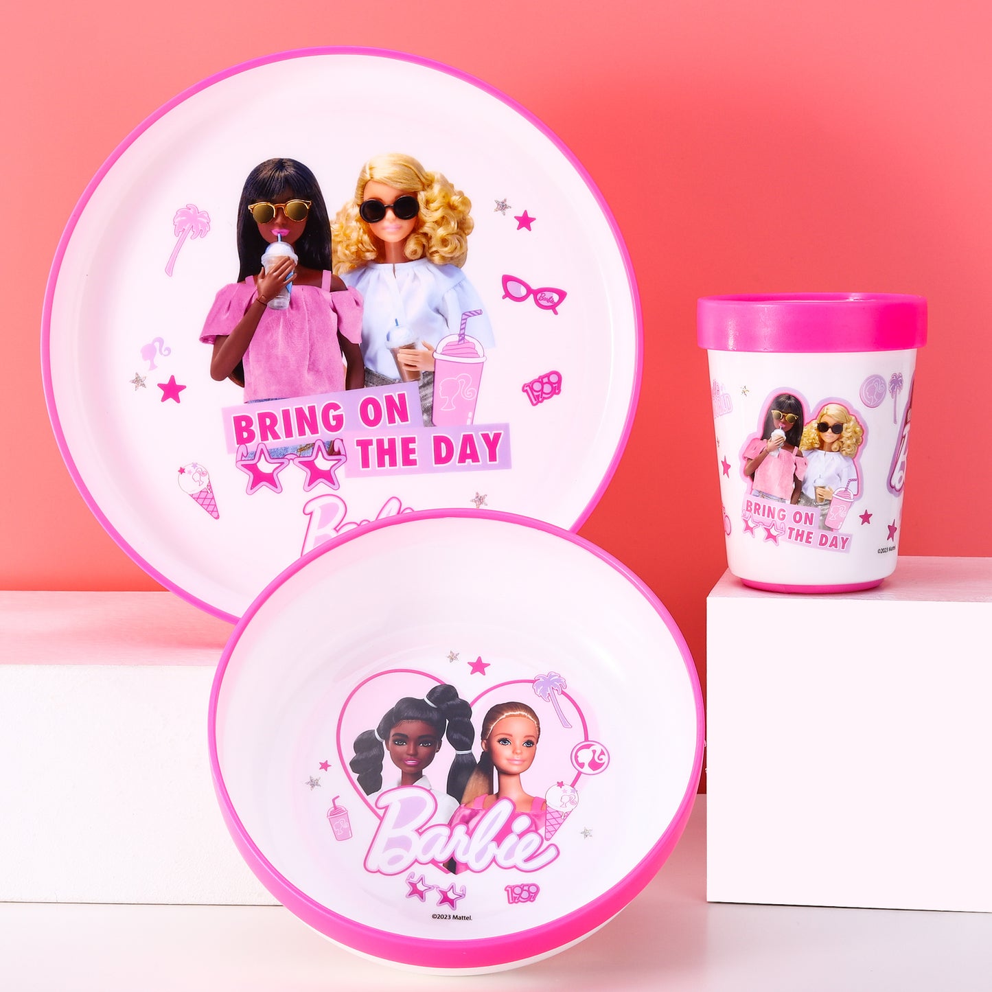 Barbie 3pcs Bicolor Premium Kids Dinner Tableware Set Plate, Bowl & Tumbler, BPA Free