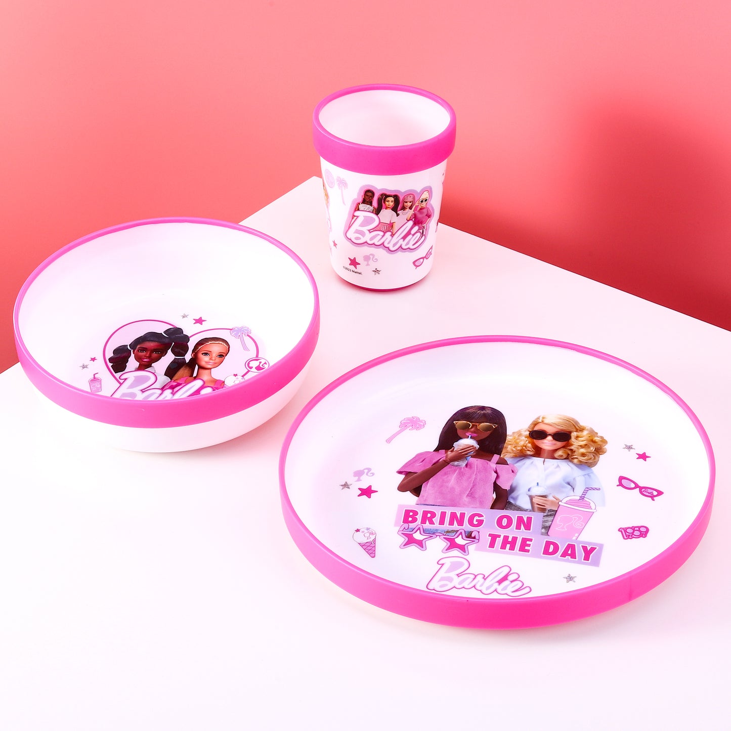 Barbie 3pcs Bicolor Premium Kids Dinner Tableware Set Plate, Bowl & Tumbler, BPA Free