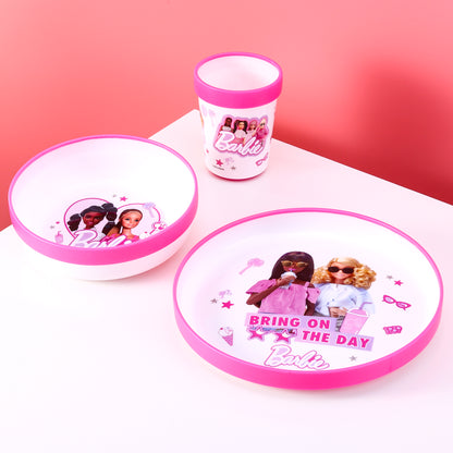 Barbie 3pcs Bicolor Premium Kids Dinner Tableware Set Plate, Bowl & Tumbler, BPA Free