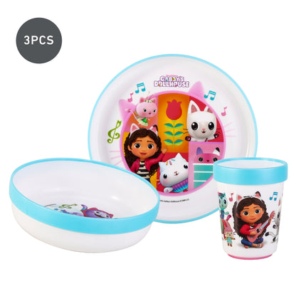 Gabby's Dollhouse 3pcs Bicolor Premium Kids Dinner Tableware Set Plate, Bowl & Tumbler, BPA Free