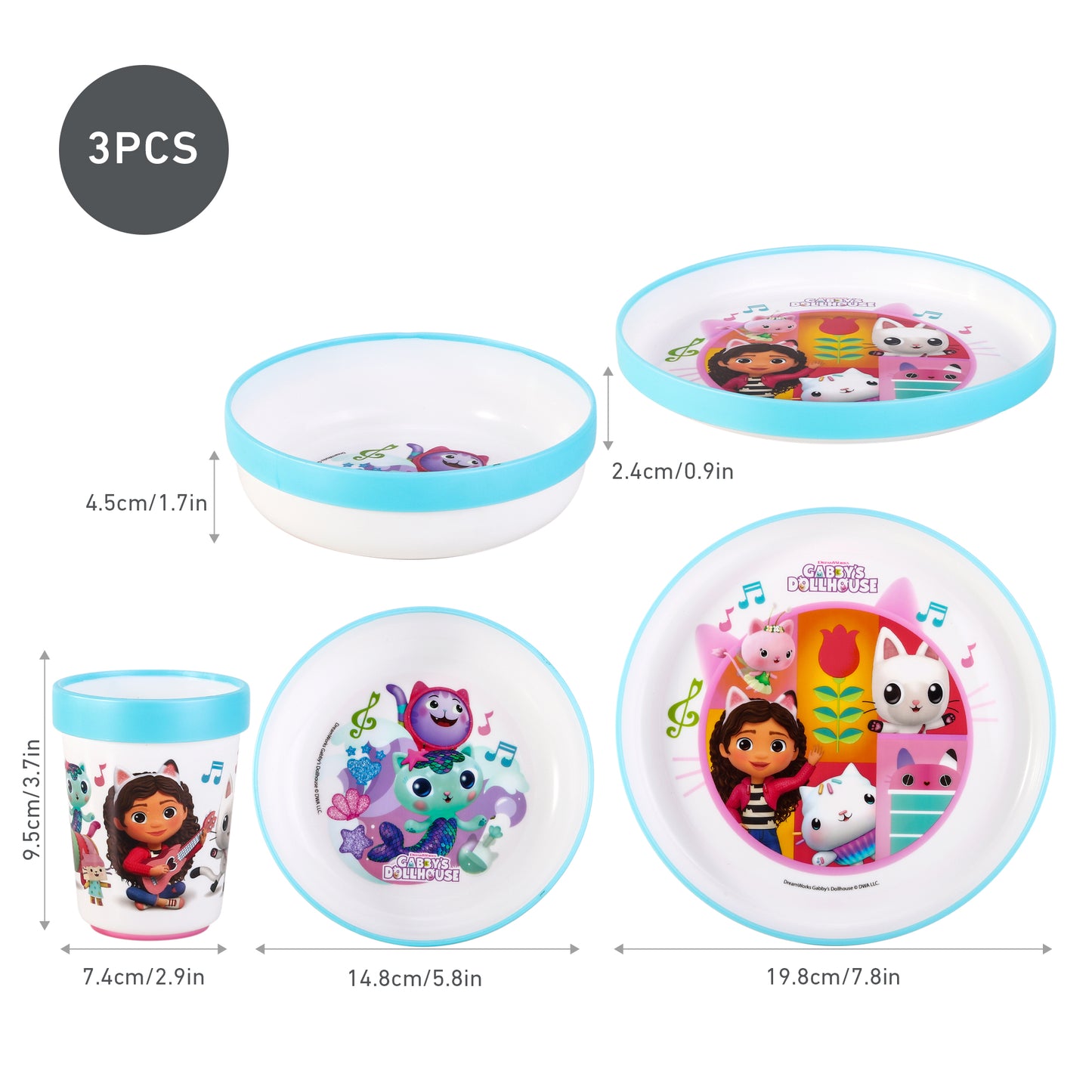 Gabby's Dollhouse 3pcs Bicolor Premium Kids Dinner Tableware Set Plate, Bowl & Tumbler, BPA Free