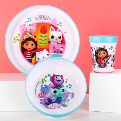 Gabby's Dollhouse 3pcs Bicolor Premium Kids Dinner Tableware Set Plate, Bowl & Tumbler, BPA Free