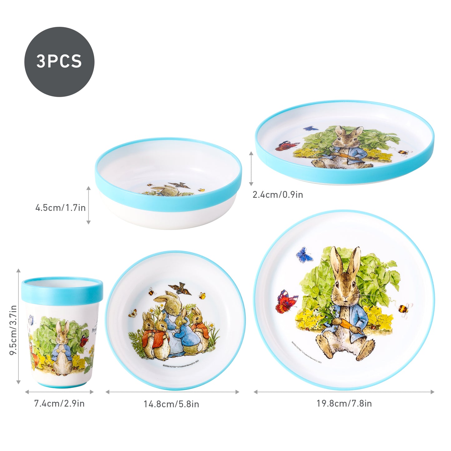 Peter Rabbit 3pcs Bicolor Premium Kids Dinner Tableware Set Plate, Bowl & Tumbler, BPA Free