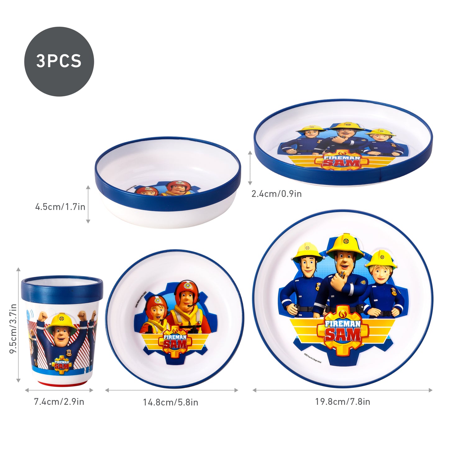 Fireman Sam Kids 6 Piece Reusable Dinner Set - Plate/Bowl/Cup/Knife/Fork/Spoon - Childrens Dinnerware Tableware Cutlery Set