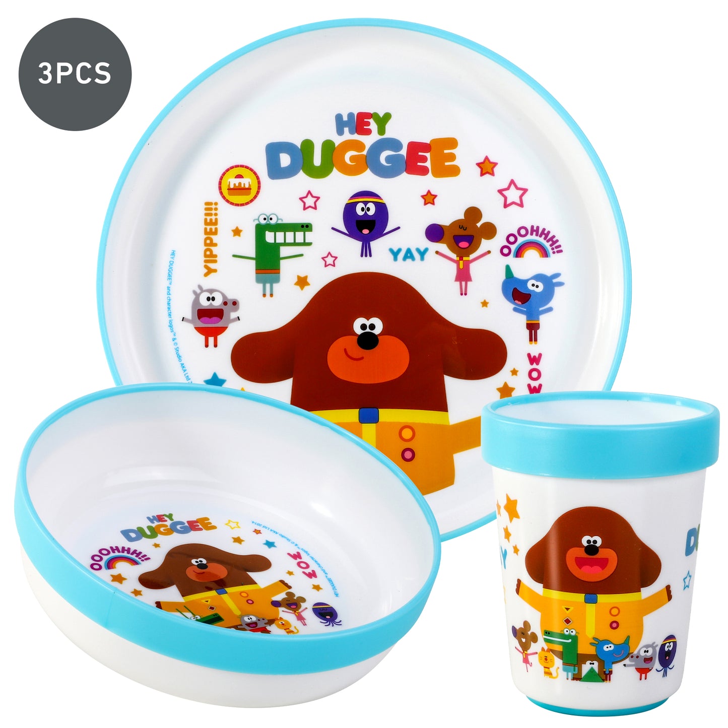 Hey Duggee 3pcs Bicolor Premium Kids Dinner Tableware Set Plate, Bowl & Tumbler, BPA Free