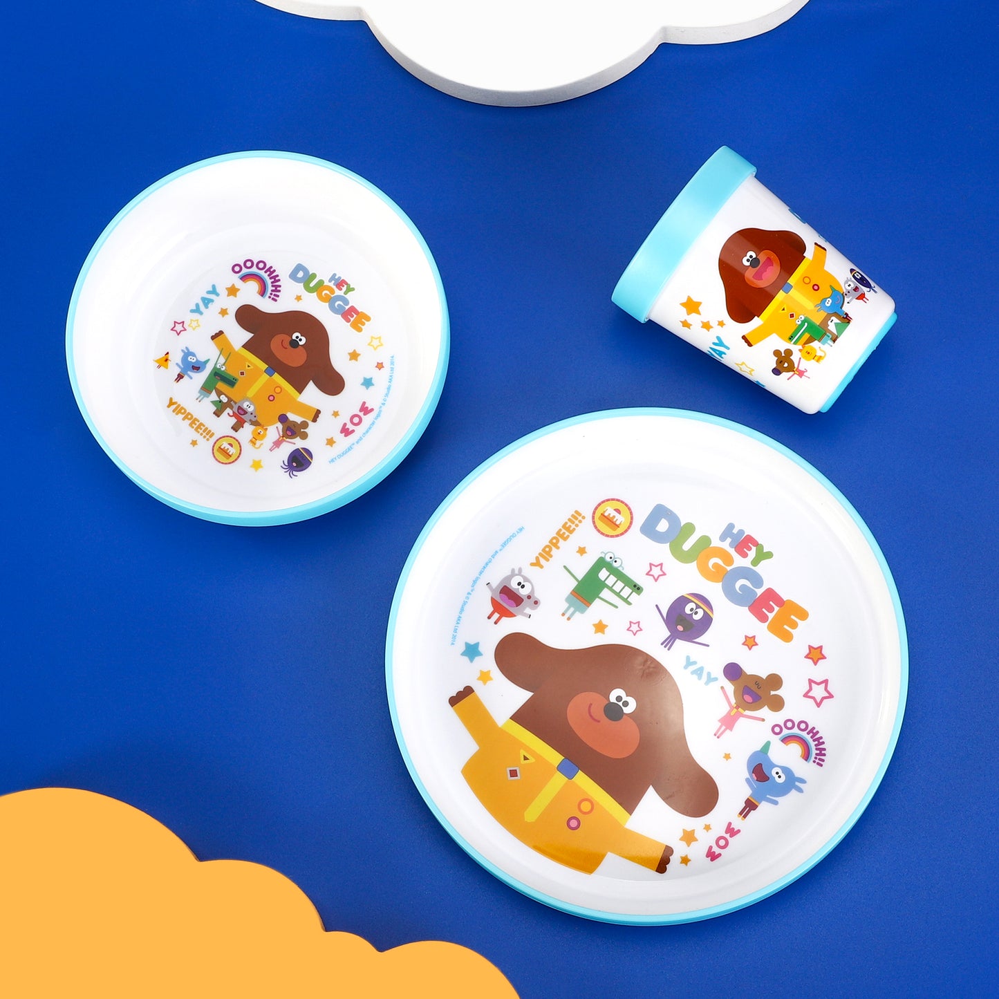 Hey Duggee 3pcs Bicolor Premium Kids Dinner Tableware Set Plate, Bowl & Tumbler, BPA Free