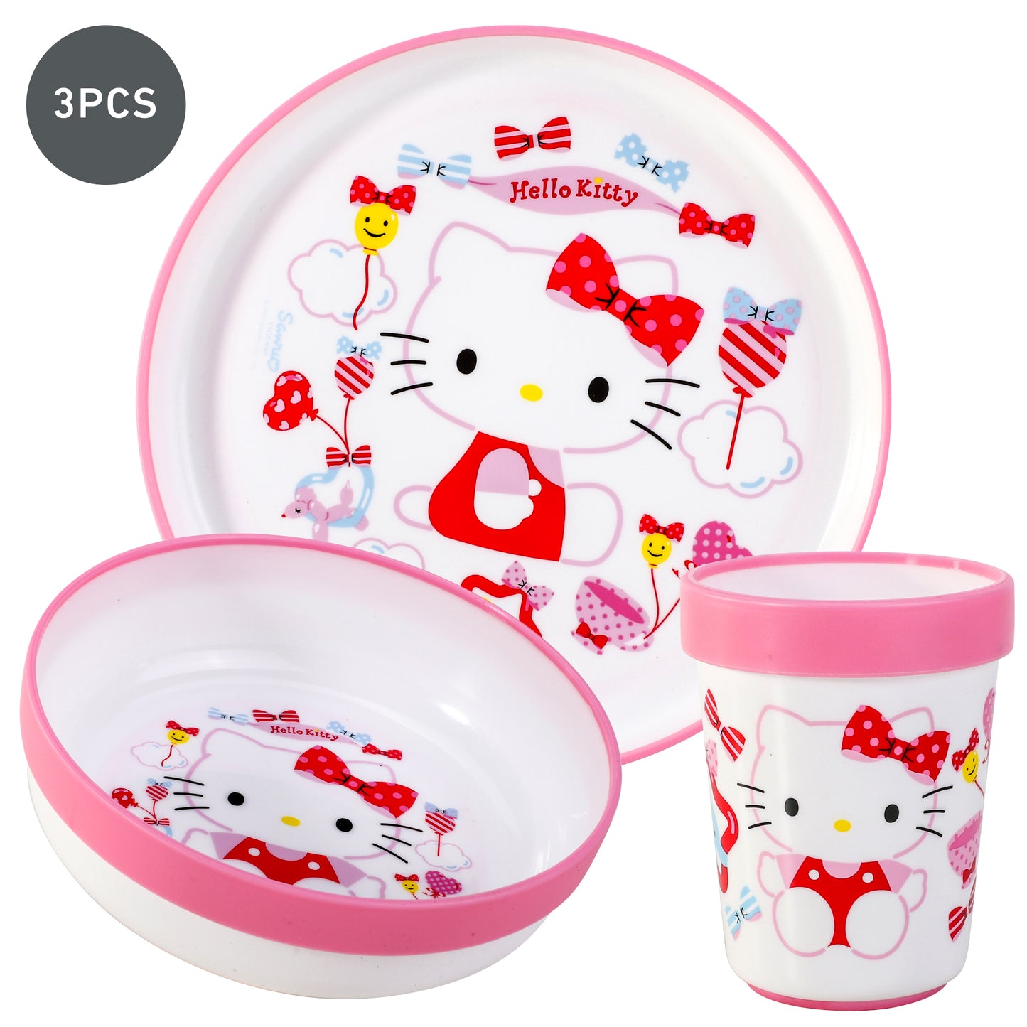 Hello Kitty 3pcs Bicolor Premium Kids Dinner Tableware Set Plate, Bowl & Tumbler, BPA Free