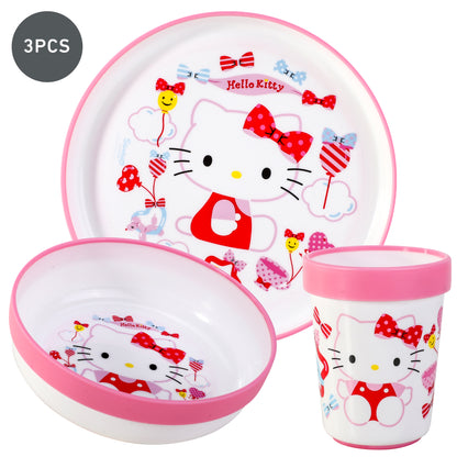 Hello Kitty 3pcs Bicolor Premium Kids Dinner Tableware Set Plate, Bowl & Tumbler, BPA Free