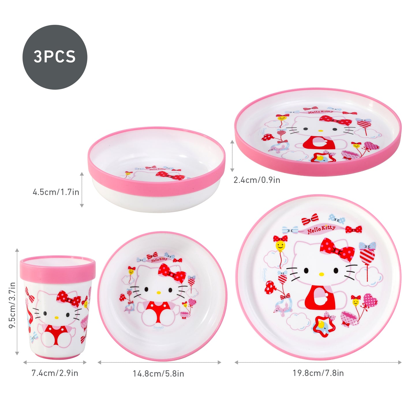 Hello Kitty 3pcs Bicolor Premium Kids Dinner Tableware Set Plate, Bowl & Tumbler, BPA Free