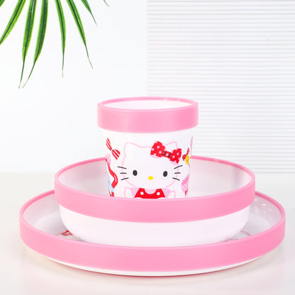 Hello Kitty 3pcs Bicolor Premium Kids Dinner Tableware Set Plate, Bowl & Tumbler, BPA Free