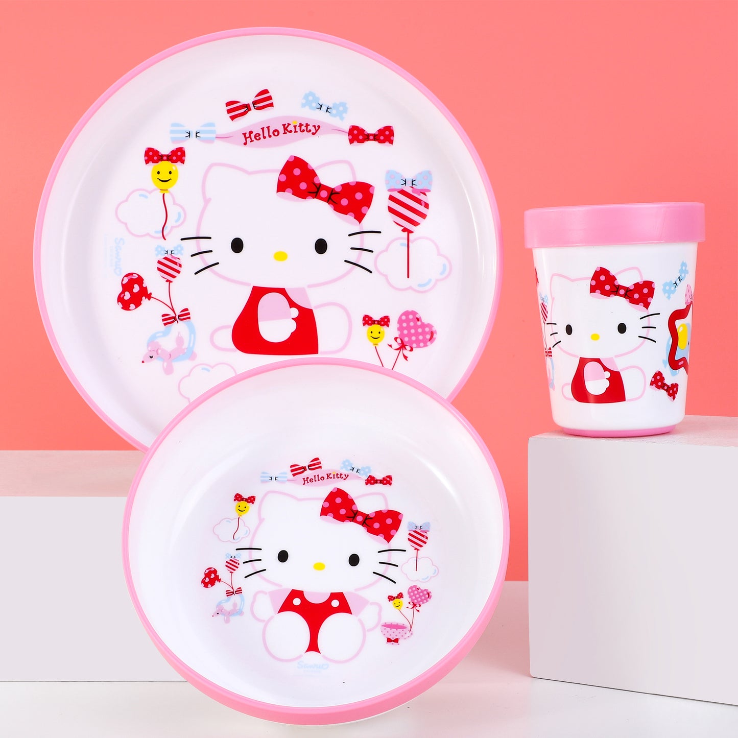 Hello Kitty 3pcs Bicolor Premium Kids Dinner Tableware Set Plate, Bowl & Tumbler, BPA Free