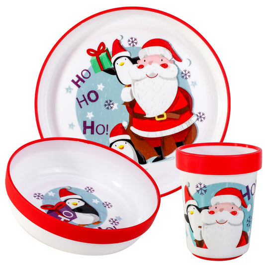 Christmas Xmas 3pcs Bicolor Premium Kids Dinner Tableware Set Plate, Bowl & Tumbler, BPA Free