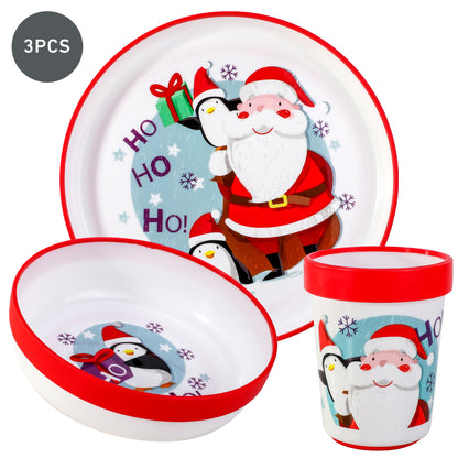 Christmas Xmas 3pcs Bicolor Premium Kids Dinner Tableware Set Plate, Bowl & Tumbler, BPA Free
