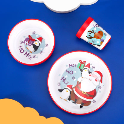 Christmas Xmas 3pcs Bicolor Premium Kids Dinner Tableware Set Plate, Bowl & Tumbler, BPA Free