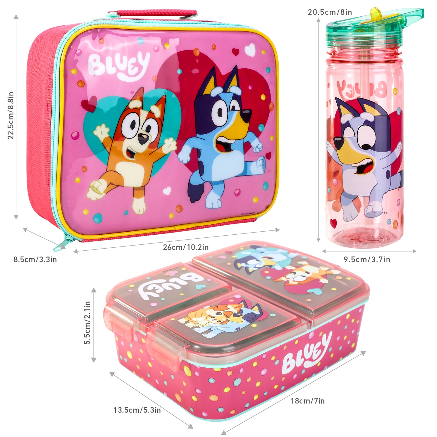 Bluey Pink Kids Lunch Box Set – Insulated Lunch Bag, Multicompartment Lunch Box & 580ml Water Bottle, BPA Free