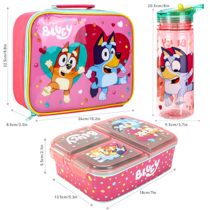 Bluey Pink Kids Lunch Box Set – Insulated Lunch Bag, Multicompartment Lunch Box & 580ml Water Bottle, BPA Free
