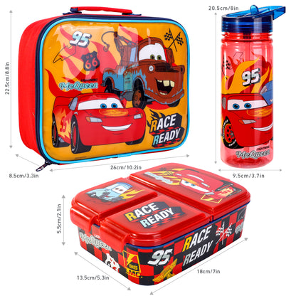 Cars Kids Lunch Box Set – Insulated Lunch Bag, Multicompartment Lunch Box & 580ml Water Bottle, BPA Free