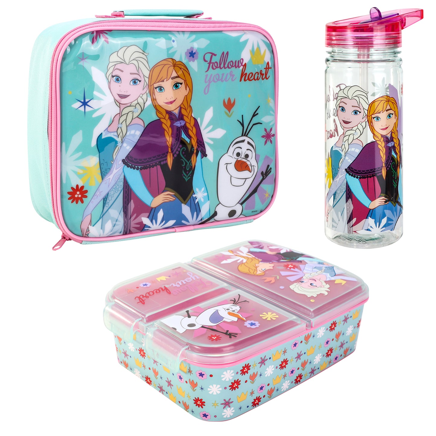 Frozen Kids Lunch Box Set – Insulated Lunch Bag, Multicompartment Lunch Box & 580ml Water Bottle, BPA Free