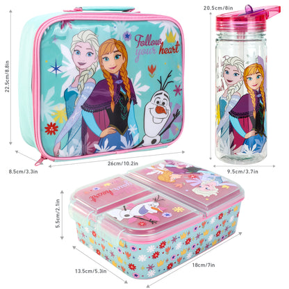 Frozen Kids Lunch Box Set – Insulated Lunch Bag, Multicompartment Lunch Box & 580ml Water Bottle, BPA Free