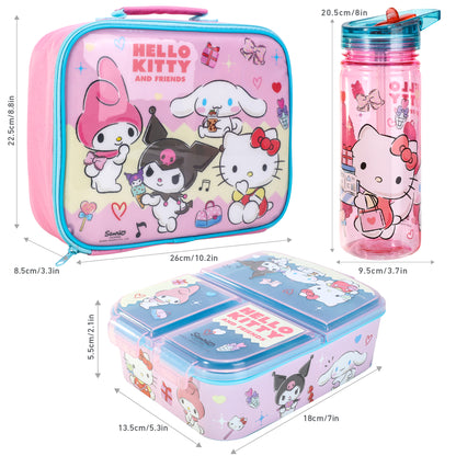 Hello Kitty & Friends Kids Lunch Box Set – Insulated Lunch Bag, Multicompartment Lunch Box & 580ml Water Bottle, BPA Free