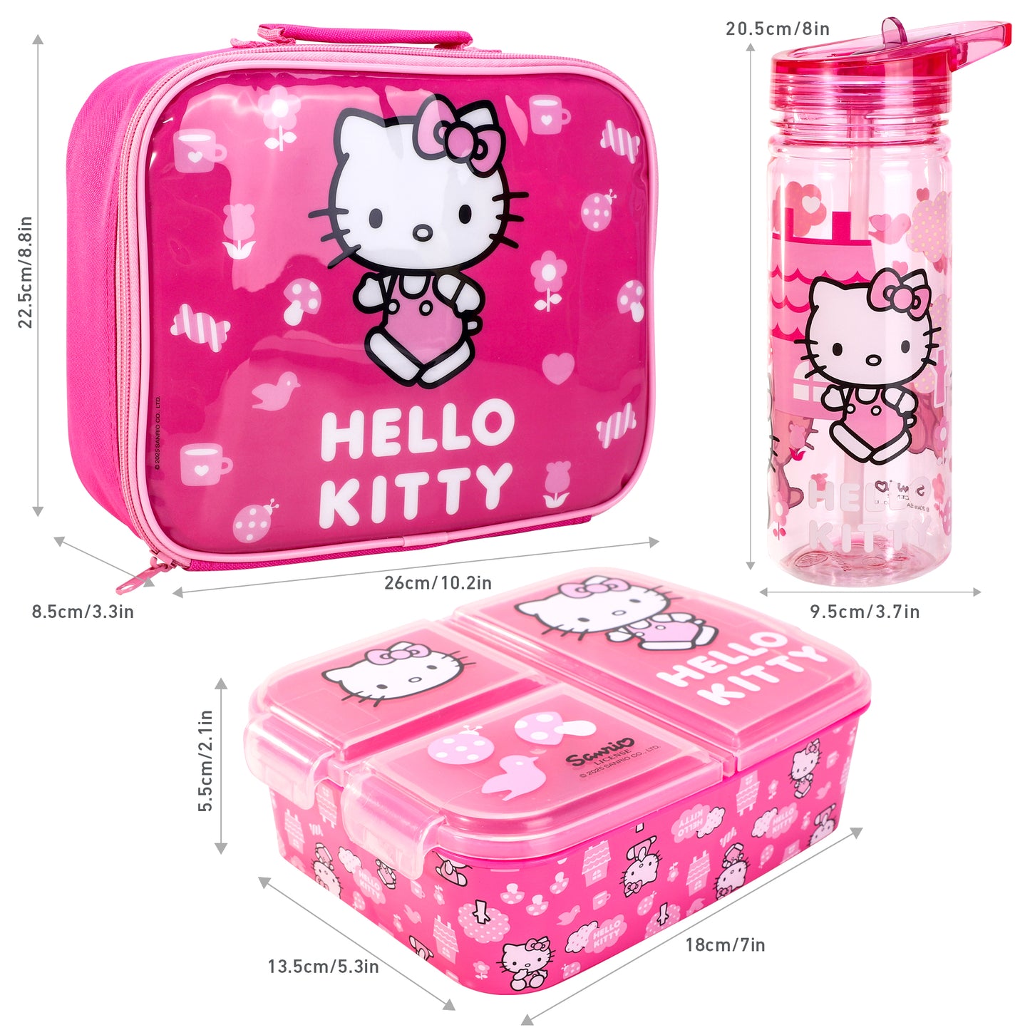 Hello Kitty Pink Kids Lunch Box Set – Insulated Lunch Bag, Multicompartment Lunch Box & 580ml Water Bottle, BPA Free