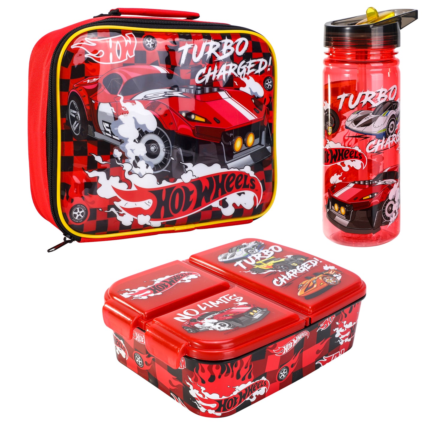 Hot Wheels Kids Lunch Box Set – Insulated Lunch Bag, Multicompartment Lunch Box & 580ml Water Bottle, BPA Free
