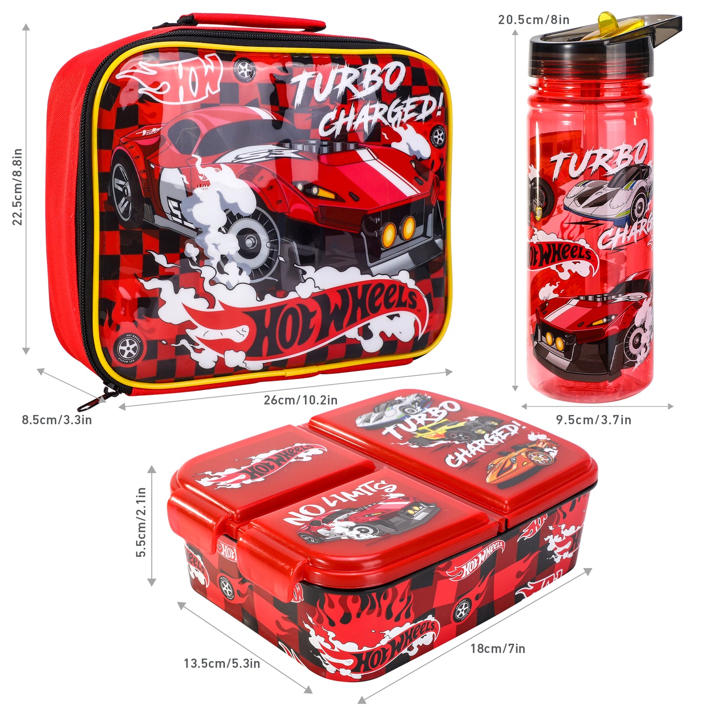Hot Wheels Kids Lunch Box Set – Insulated Lunch Bag, Multicompartment Lunch Box & 580ml Water Bottle, BPA Free