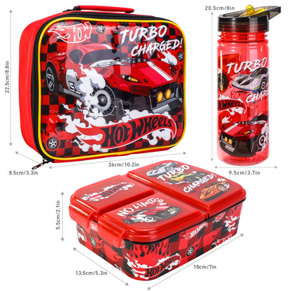 Hot Wheels Kids Lunch Box Set – Insulated Lunch Bag, Multicompartment Lunch Box & 580ml Water Bottle, BPA Free