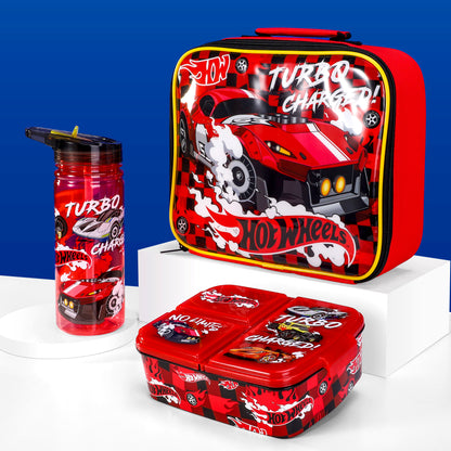 Hot Wheels Kids Lunch Box Set – Insulated Lunch Bag, Multicompartment Lunch Box & 580ml Water Bottle, BPA Free