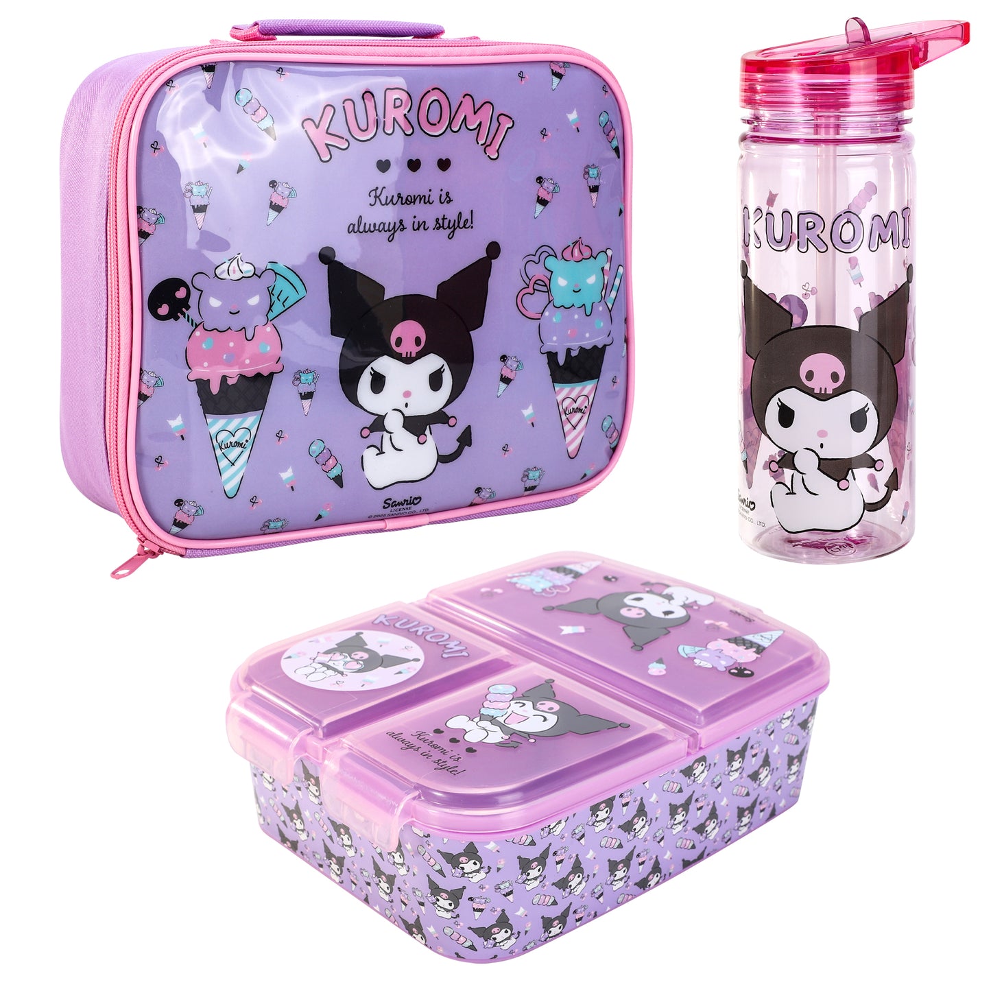 Kuromi Kids Lunch Box Set – Insulated Lunch Bag, Multicompartment Lunch Box & 580ml Water Bottle, BPA Free