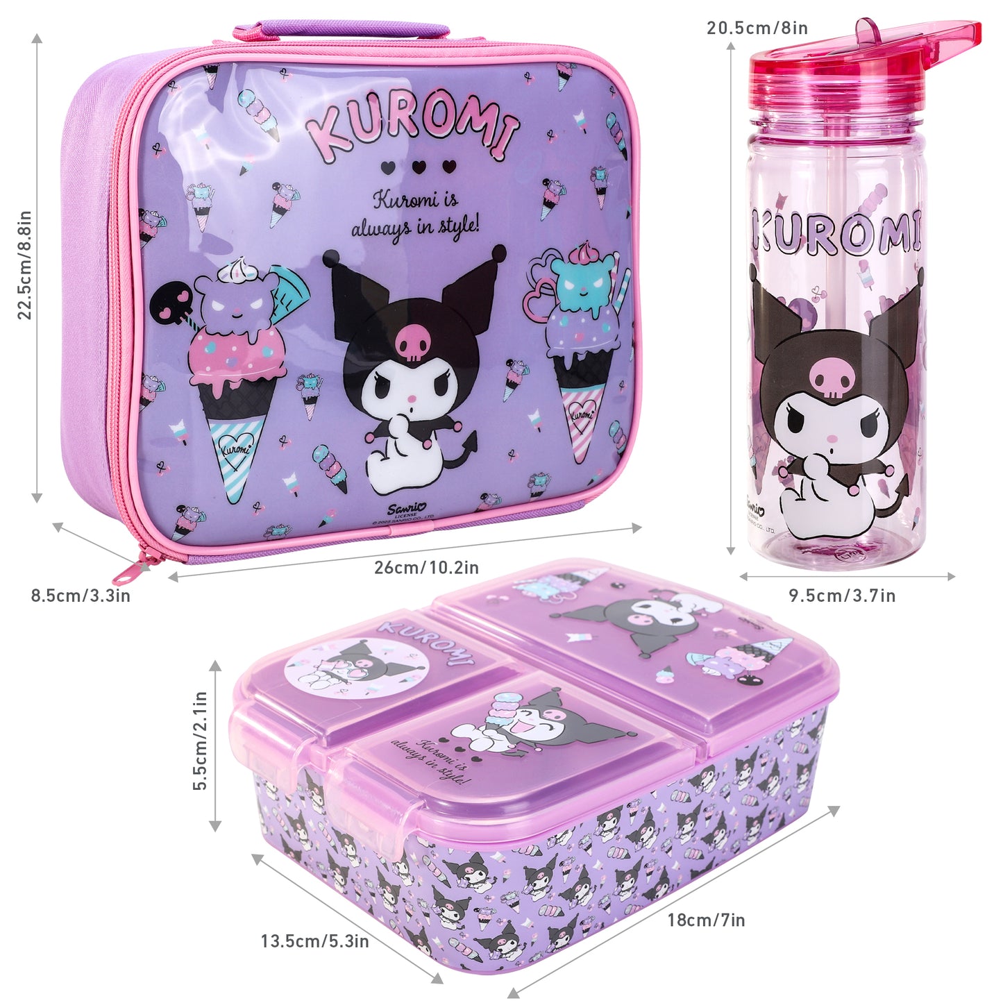 Kuromi Kids Lunch Box Set – Insulated Lunch Bag, Multicompartment Lunch Box & 580ml Water Bottle, BPA Free