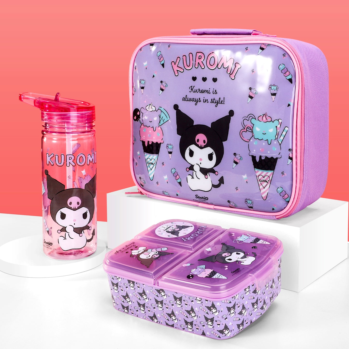 Kuromi Kids Lunch Box Set – Insulated Lunch Bag, Multicompartment Lunch Box & 580ml Water Bottle, BPA Free