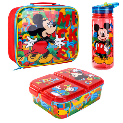 Mickey Mouse Kids Lunch Box Set – Insulated Lunch Bag, Multicompartment Lunch Box & 580ml Water Bottle, BPA Free