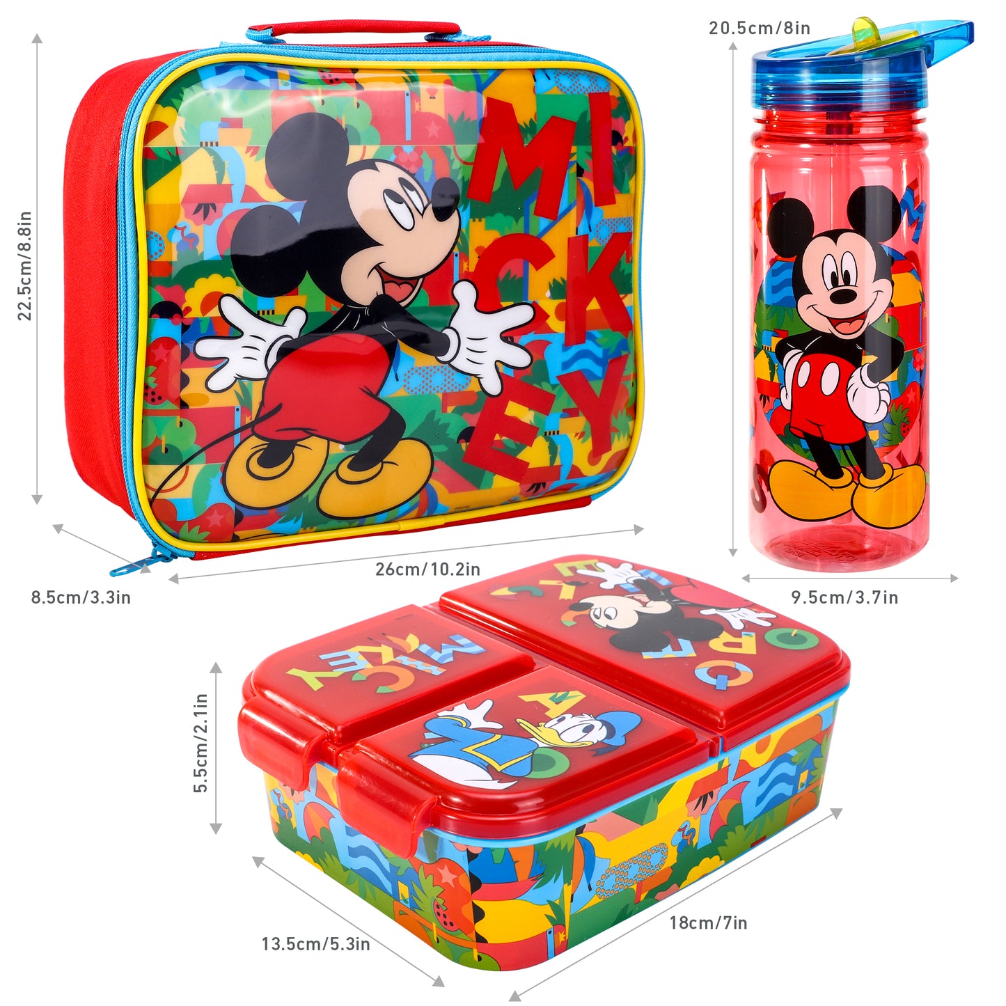 Mickey Mouse Kids Lunch Box Set – Insulated Lunch Bag, Multicompartment Lunch Box & 580ml Water Bottle, BPA Free