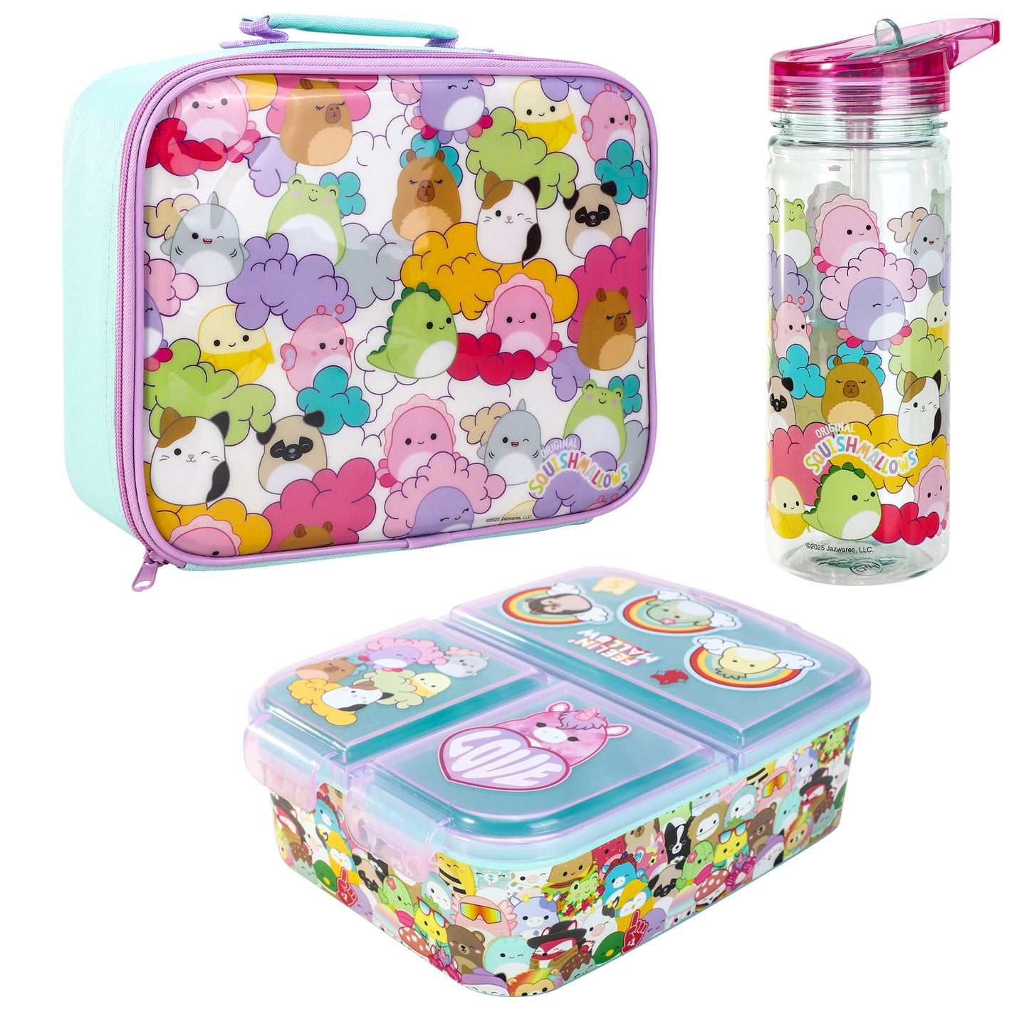 Squishmallows Kids Lunch Box Set – Insulated Lunch Bag, Multicompartment Lunch Box & 580ml Water Bottle, BPA Free