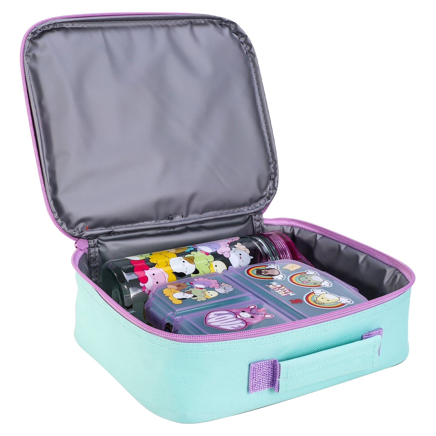 Squishmallows Kids Lunch Box Set – Insulated Lunch Bag, Multicompartment Lunch Box & 580ml Water Bottle, BPA Free