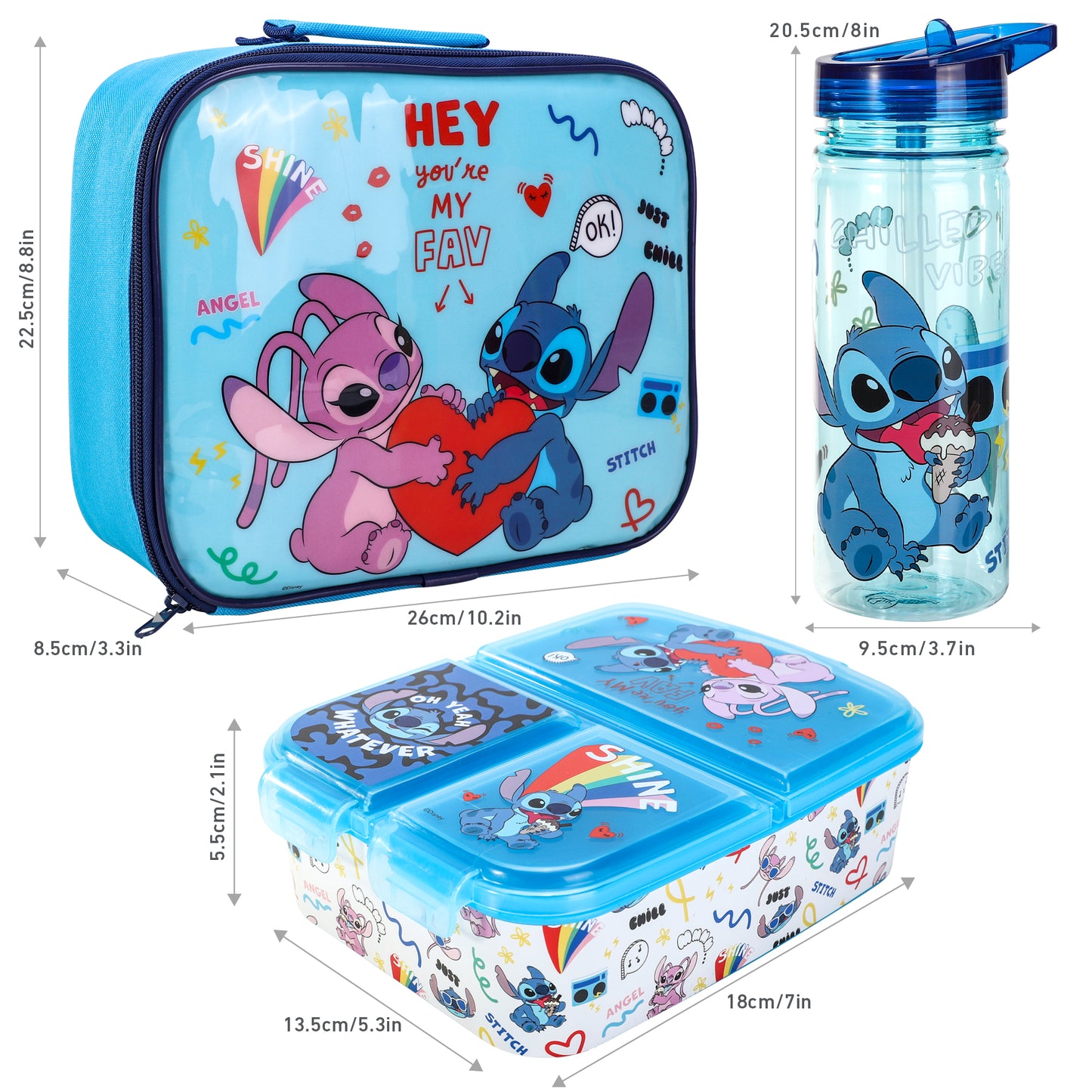 Stitch Island Kids Lunch Box Set – Insulated Lunch Bag, Multicompartment Lunch Box & 580ml Water Bottle, BPA Free